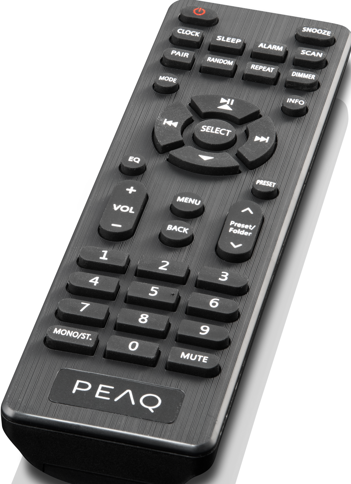 Télécommande avec boutons et marque 'PEAQ'.