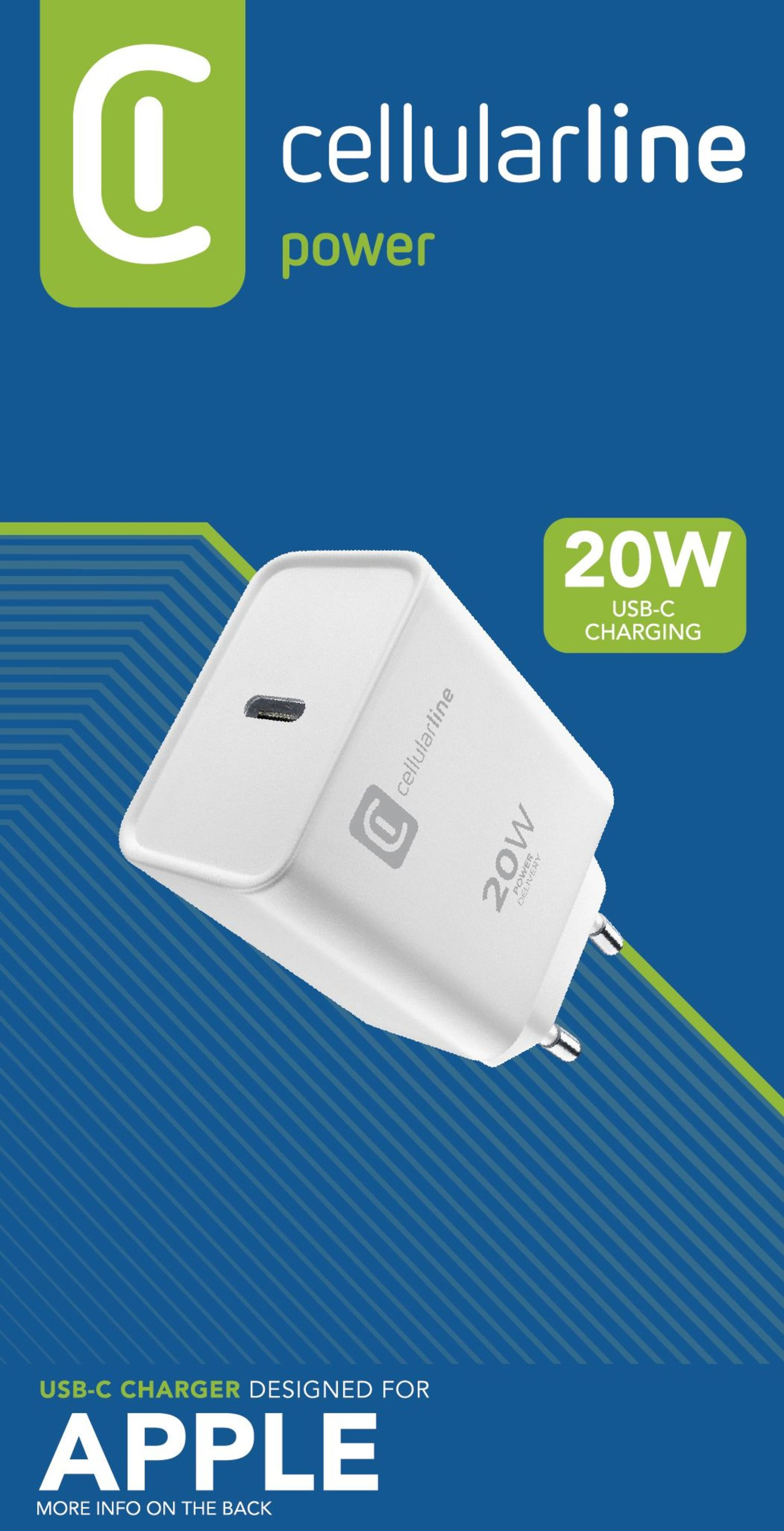 Apple ürünleri için tasarlanmış beyaz bir Cellularline USB-C şarj cihazı, 20W.