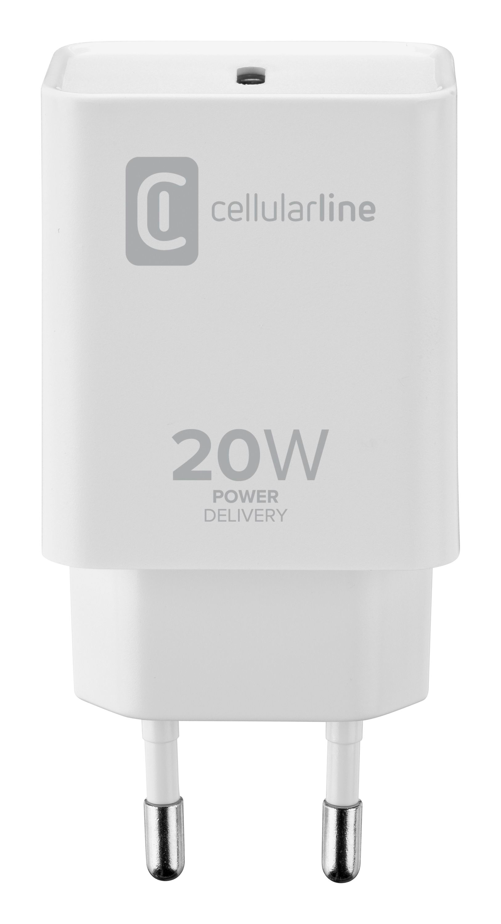 Beyaz cellularline 20W şarj cihazı. Marka logosu ve güç dağıtım detayları bulunur.