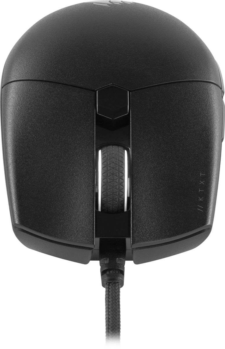 Eine schwarze Gaming-Maus von oben mit einem Mausrad und einem Kabel.