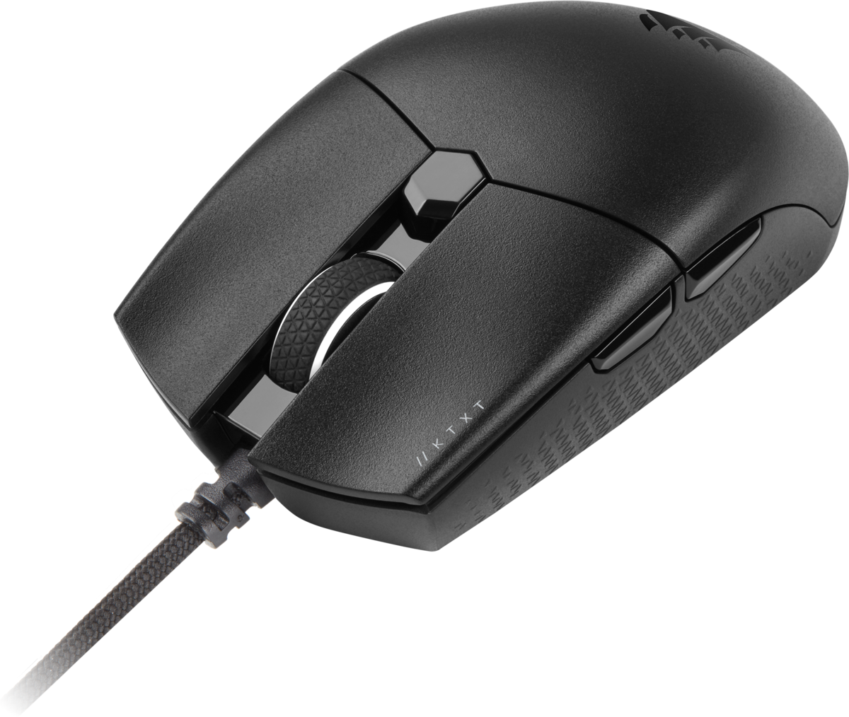 Eine schwarze Computermaus mit einem Scrollrad und einer strukturierten Seitenfläche.