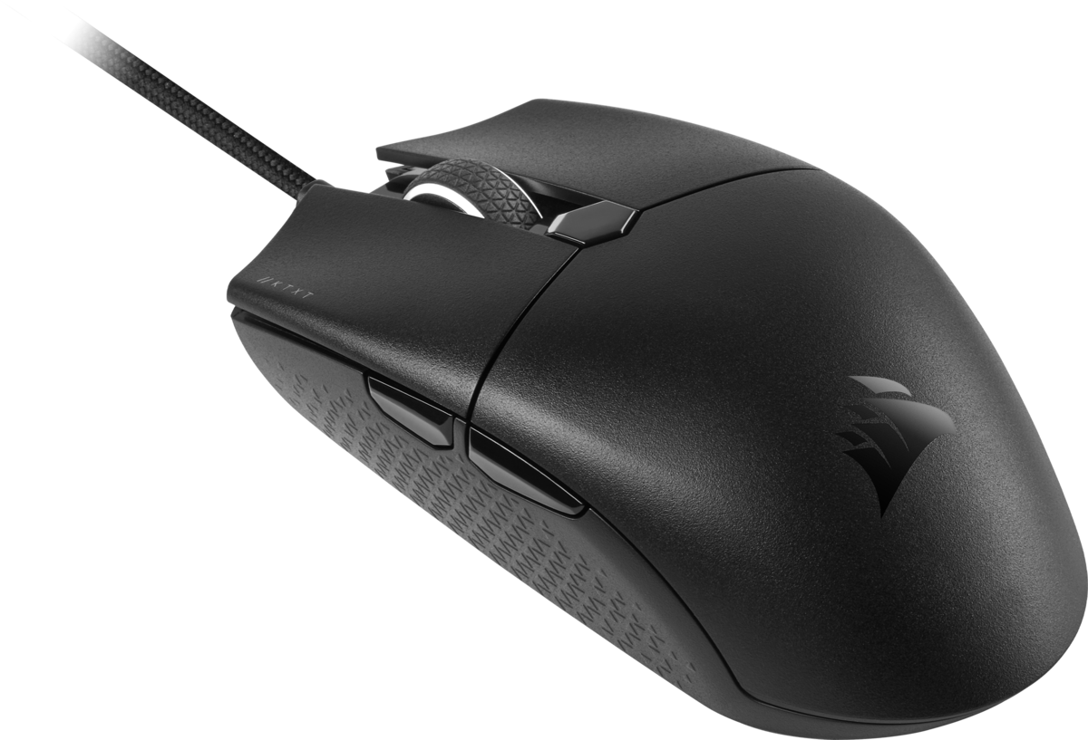 Eine schwarze Computermaus mit Kabel. Die Maus hat ein Rad und Tasten.