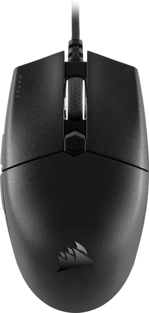 Schwarze Gaming-Maus. Draufsicht auf eine schwarze Maus mit Kabel und Logo.