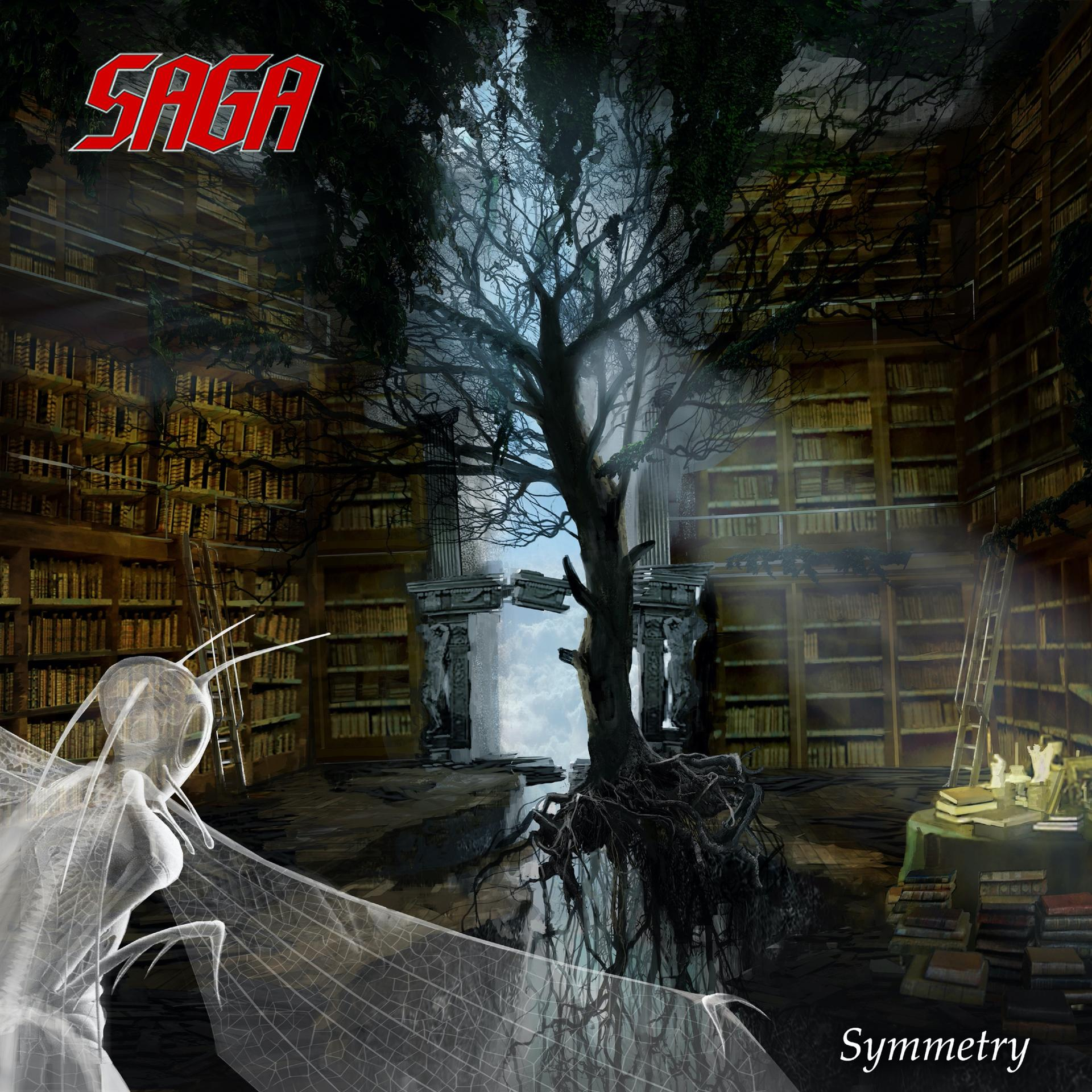 Albumcover von Sagas Symmetry. Eine Bibliothek mit einem Baum in der Mitte und einer Geisterfigur.