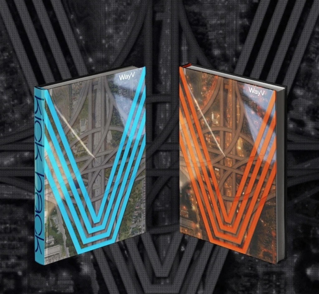 Zwei WayV-Albumcover, eines blau und eines orange, mit Stadtkulisse.