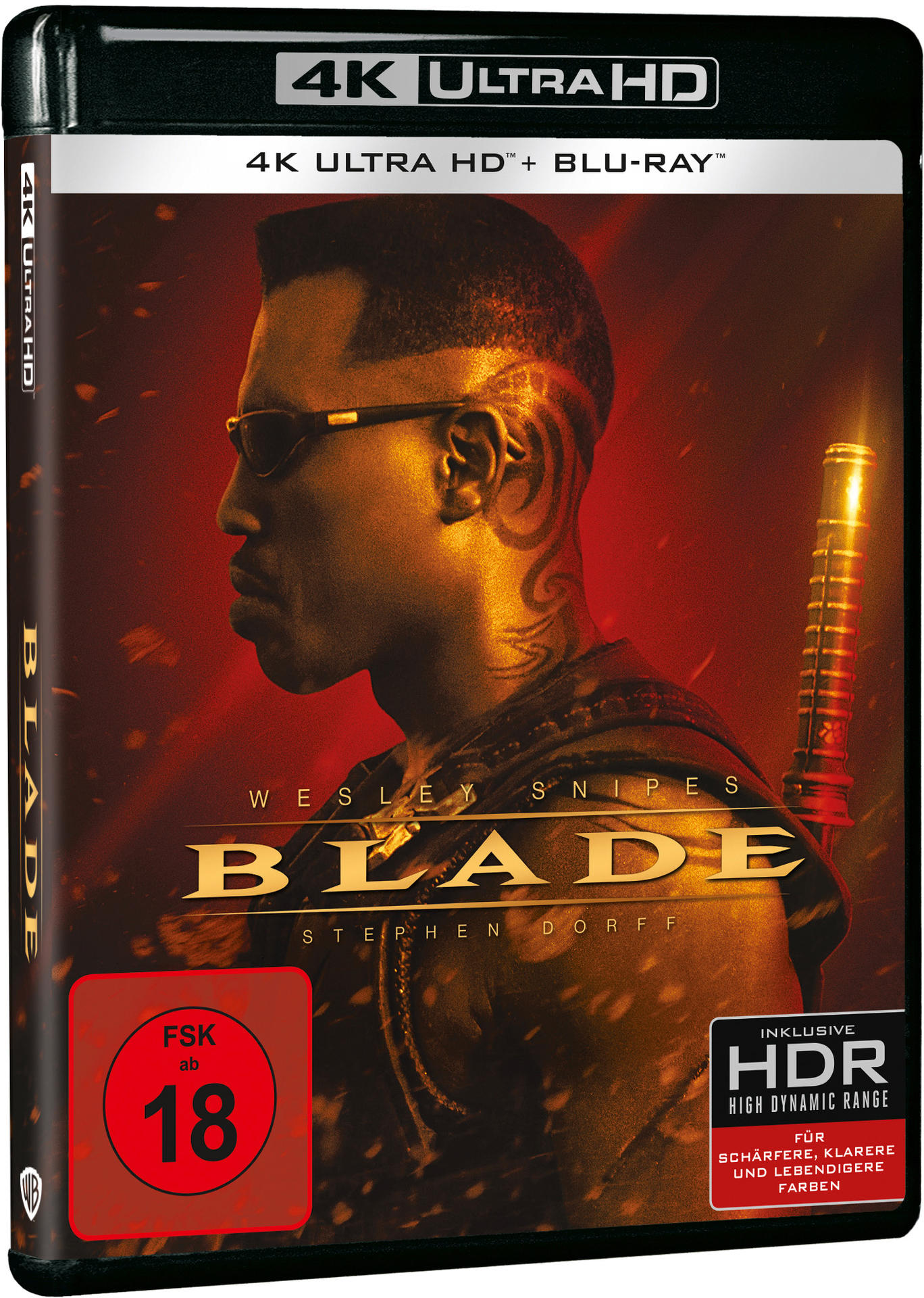Blade Blu-ray Filmhülle. Wesley Snipes auf dem Cover. Rotes und schwarzes Design.