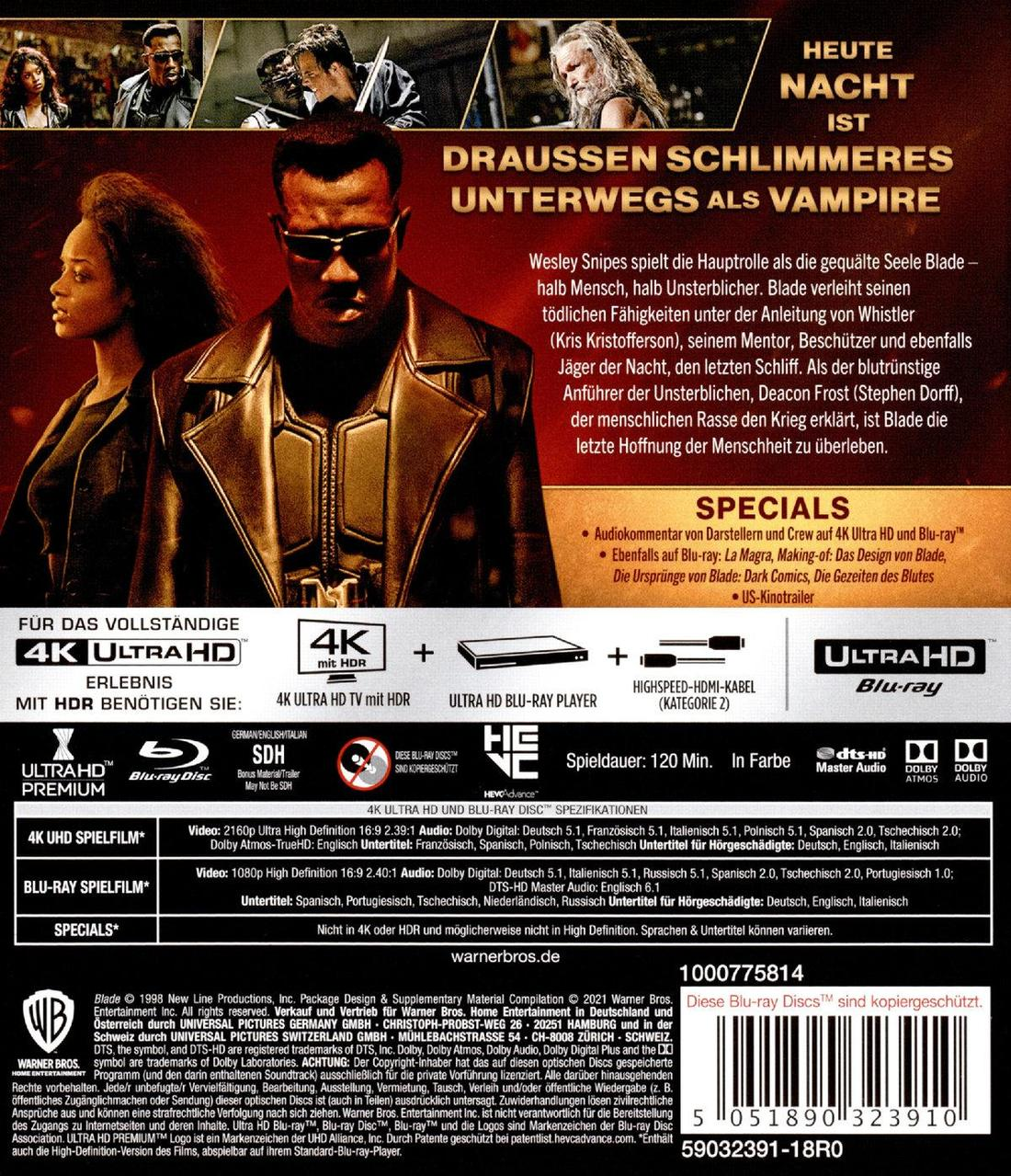 Blu-ray-Cover für Blade, mit Wesley Snipes. Text in mehreren Sprachen.