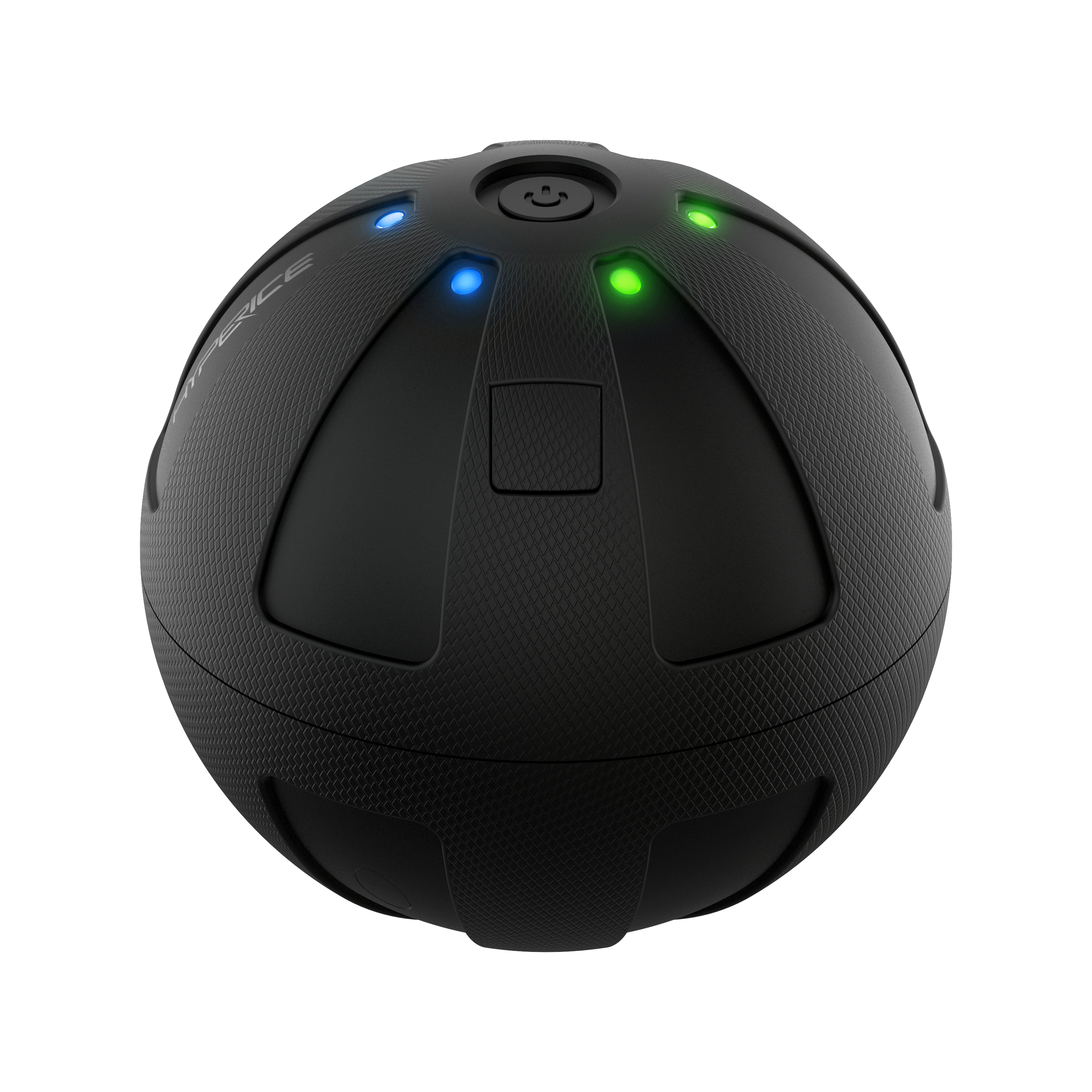 Schwarzer Massageball mit Ein-/Aus-Taste und Lichtern. Blaue und grüne Lichter leuchten.