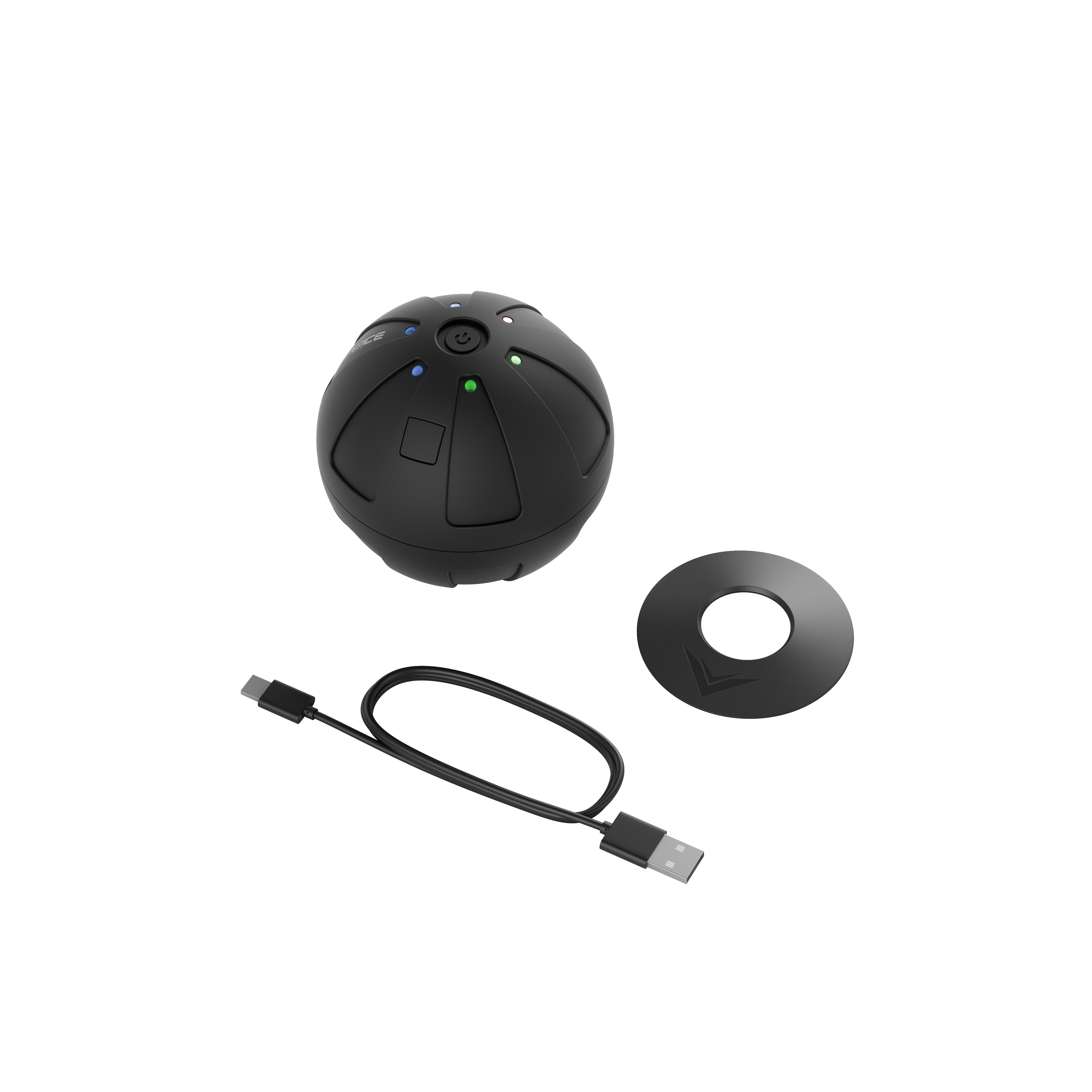 Schwarzer, runder Massageball mit Ladekabel und kleinem Ladeständer.