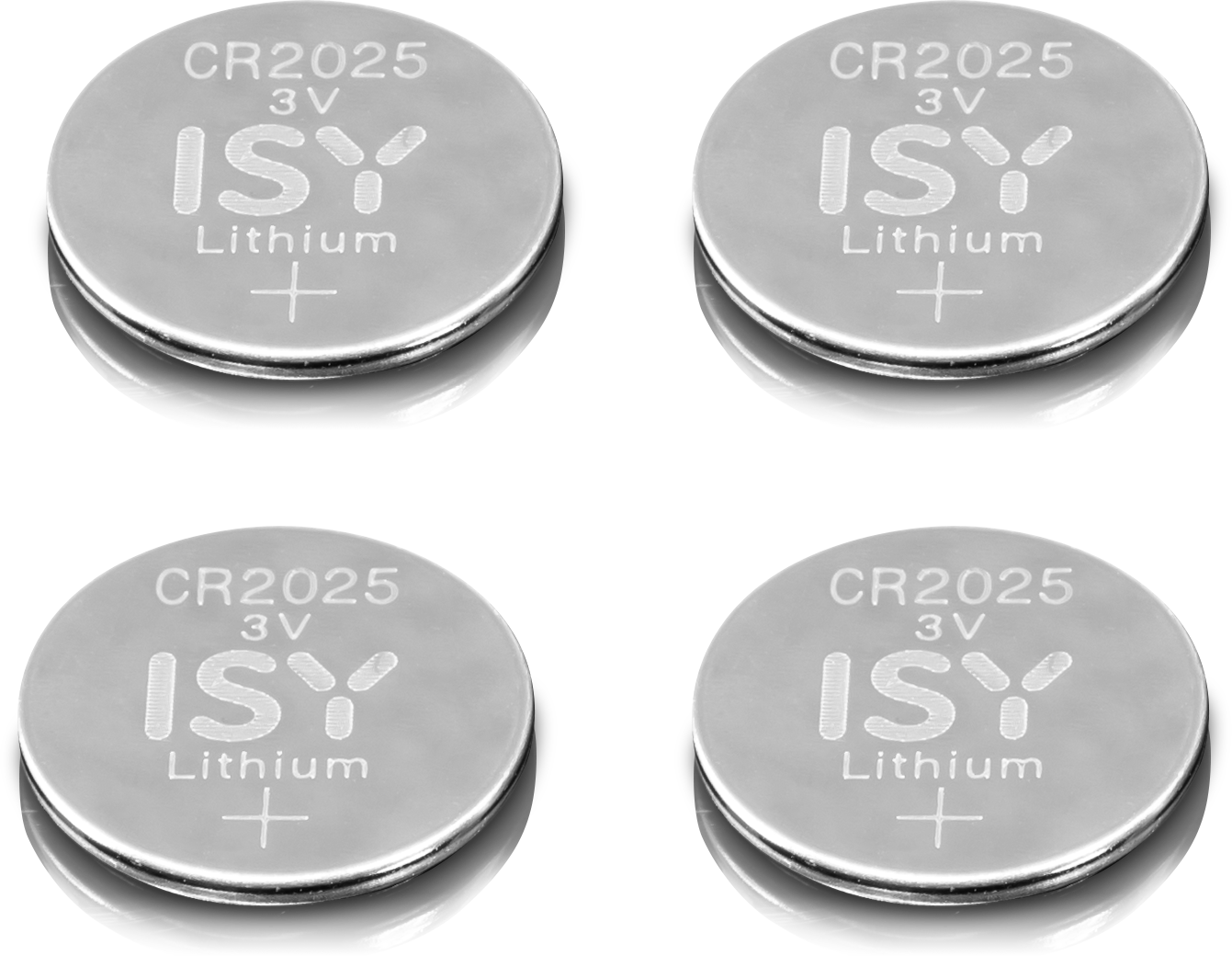 Vier ronde zilveren CR2025 3V lithium knoopcelbatterijen. De tekst 'ISY Lithium' staat op elk.