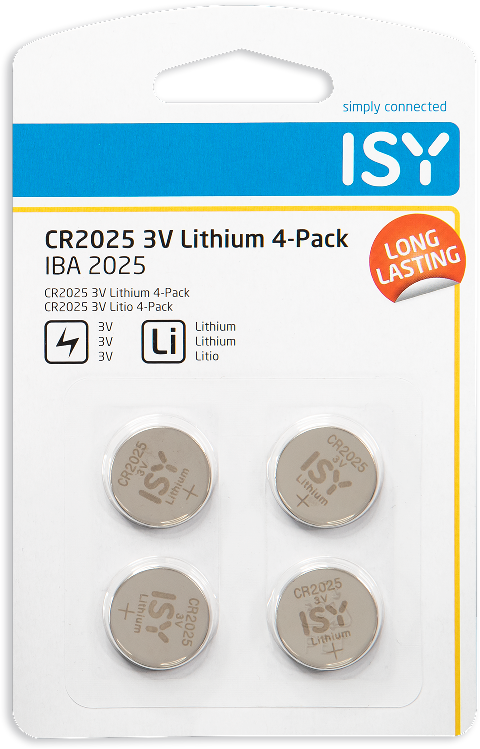 Een blisterverpakking met vier CR2025 3V lithiumbatterijen. De verpakking is blauw en wit.