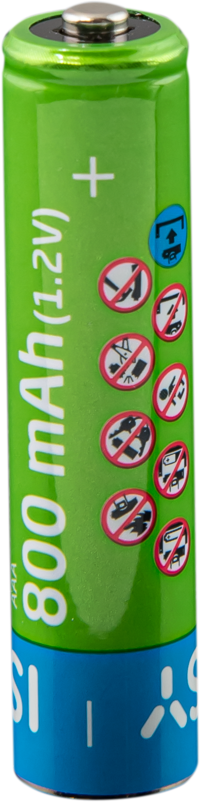 Green AAA battery with white plus symbol, 800 mAh (1.2V) text, and various warning symbols.