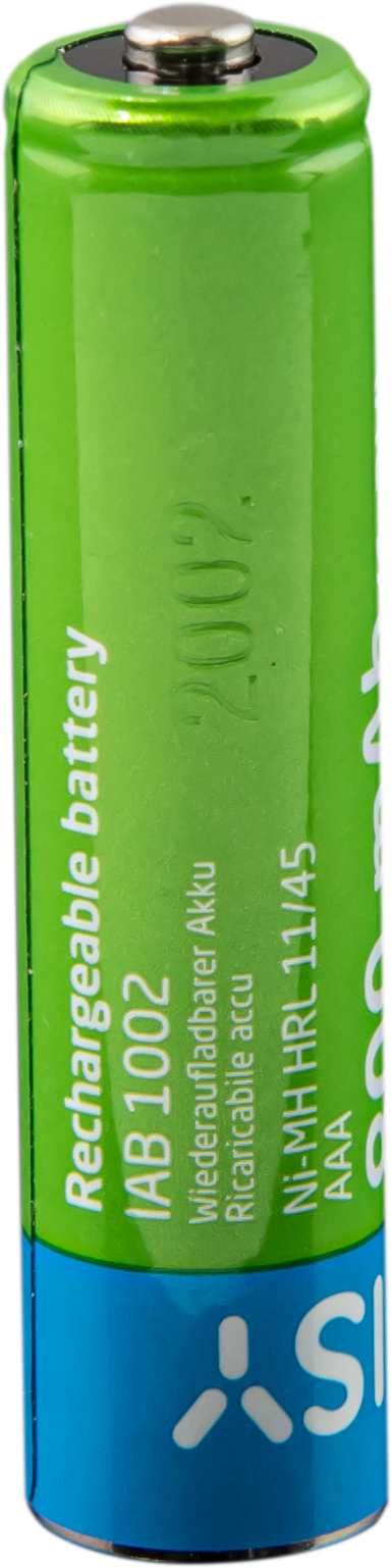 A green and blue rechargeable AAA battery.