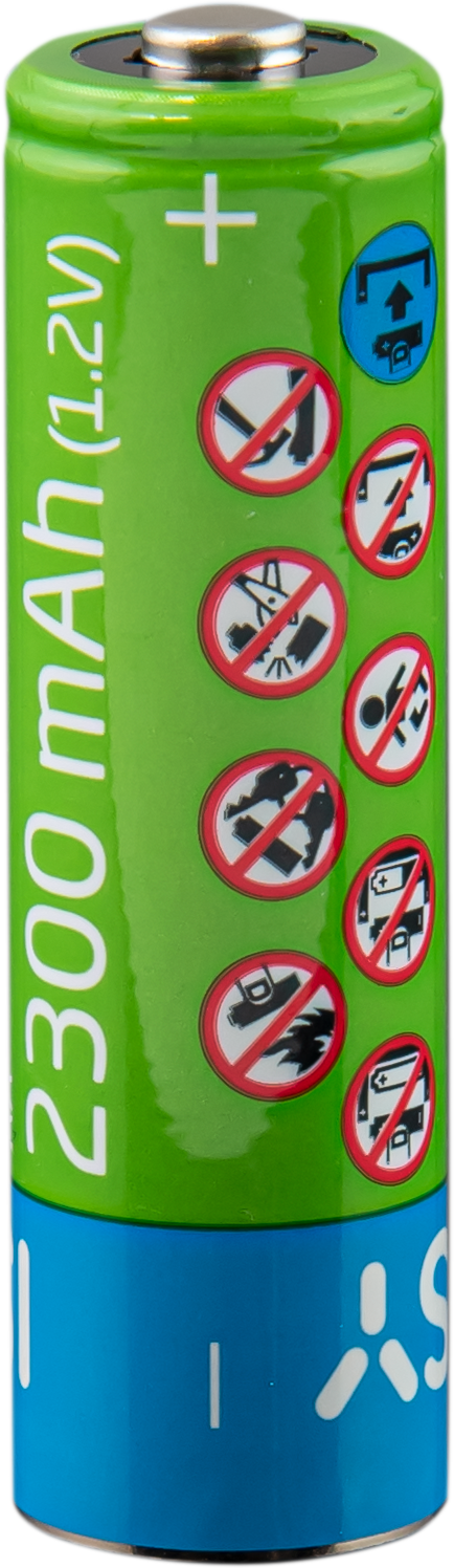 A green rechargeable battery with printed warnings and a blue bottom. Positive and negative signs.