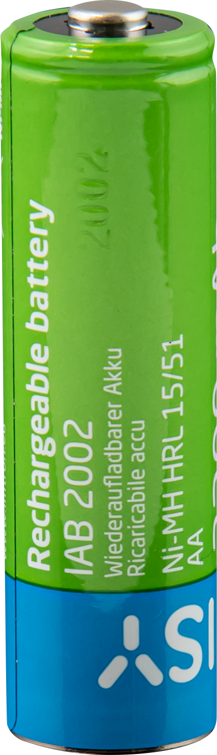 Green rechargeable battery. Text: Rechargeable battery, IAB 2002, Ni-MH HRL 15/51.