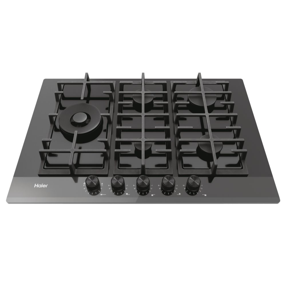 Una placa de cocina de gas negra con cinco quemadores y perillas.