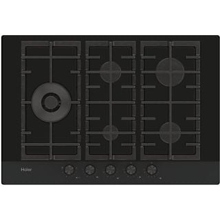 Placa gas  - Haier Series 4 HAVG7WL4HB, 5 quemadores, Zona grande 13.8 cm, Rejillas hierro fundido, Bisel, 75 cm, Negro