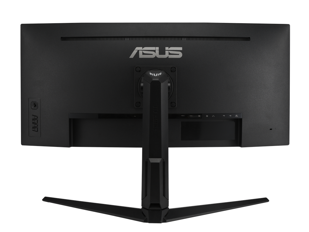 Vista trasera del monitor ASUS negro. Puertos, soporte y logotipo visibles.