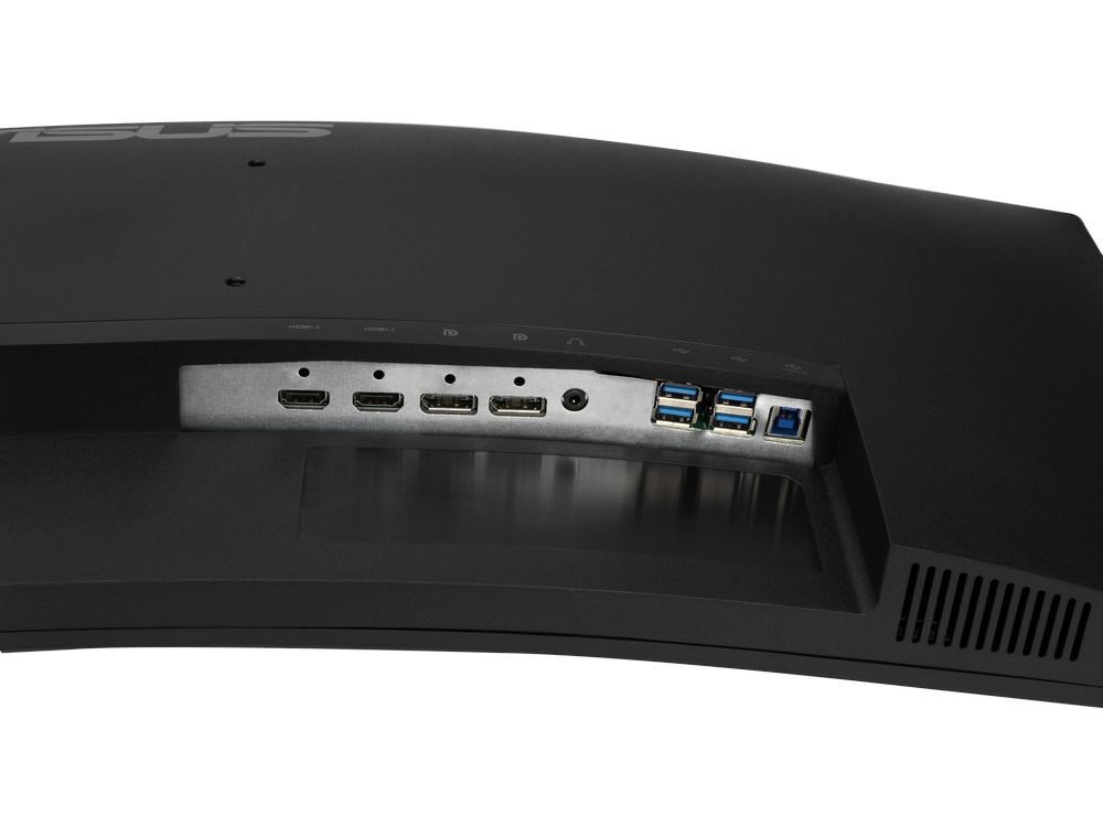 Puertos de monitor de computadora negra, incluyendo HDMI, USB y audio.