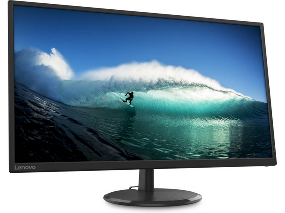 Un monitor Lenovo que muestra a un surfista montando una ola.
