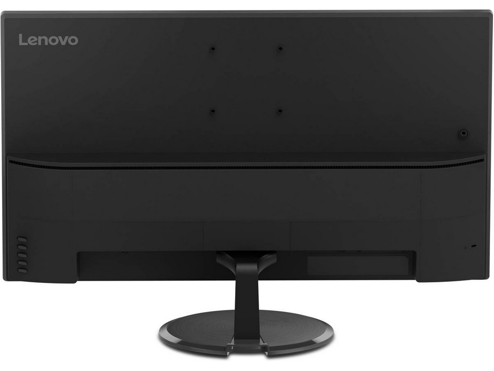 Parte trasera de un monitor Lenovo negro, mostrando el soporte y los orificios de montaje.