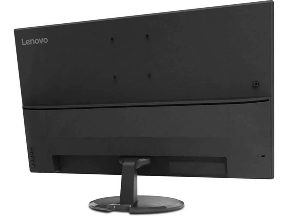 Vista trasera de un monitor Lenovo negro, con puntos de montaje y soporte.
