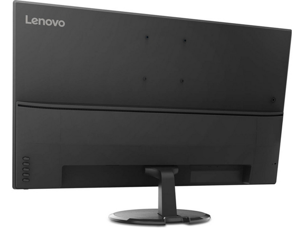 Parte trasera de un monitor Lenovo negro con soporte y orificios de montaje.