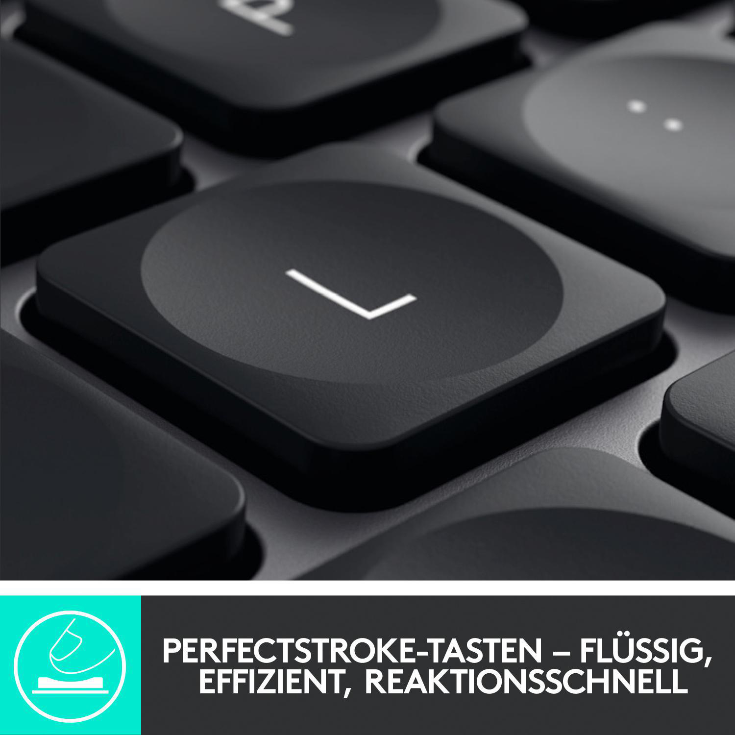 Nahaufnahme von schwarzen Logitech-Tastaturtasten mit der Taste L.