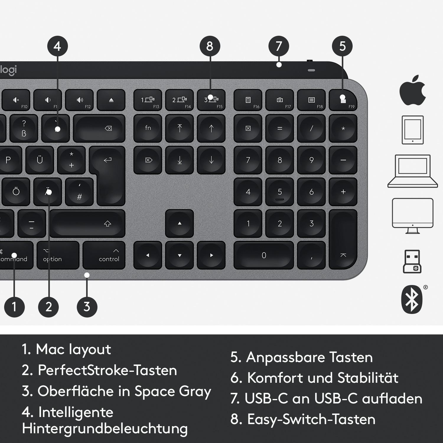 Logitech-Tastatur, Draufsicht. Grau mit Funktionstasten, Mac-Layout und Apple-Tasten.