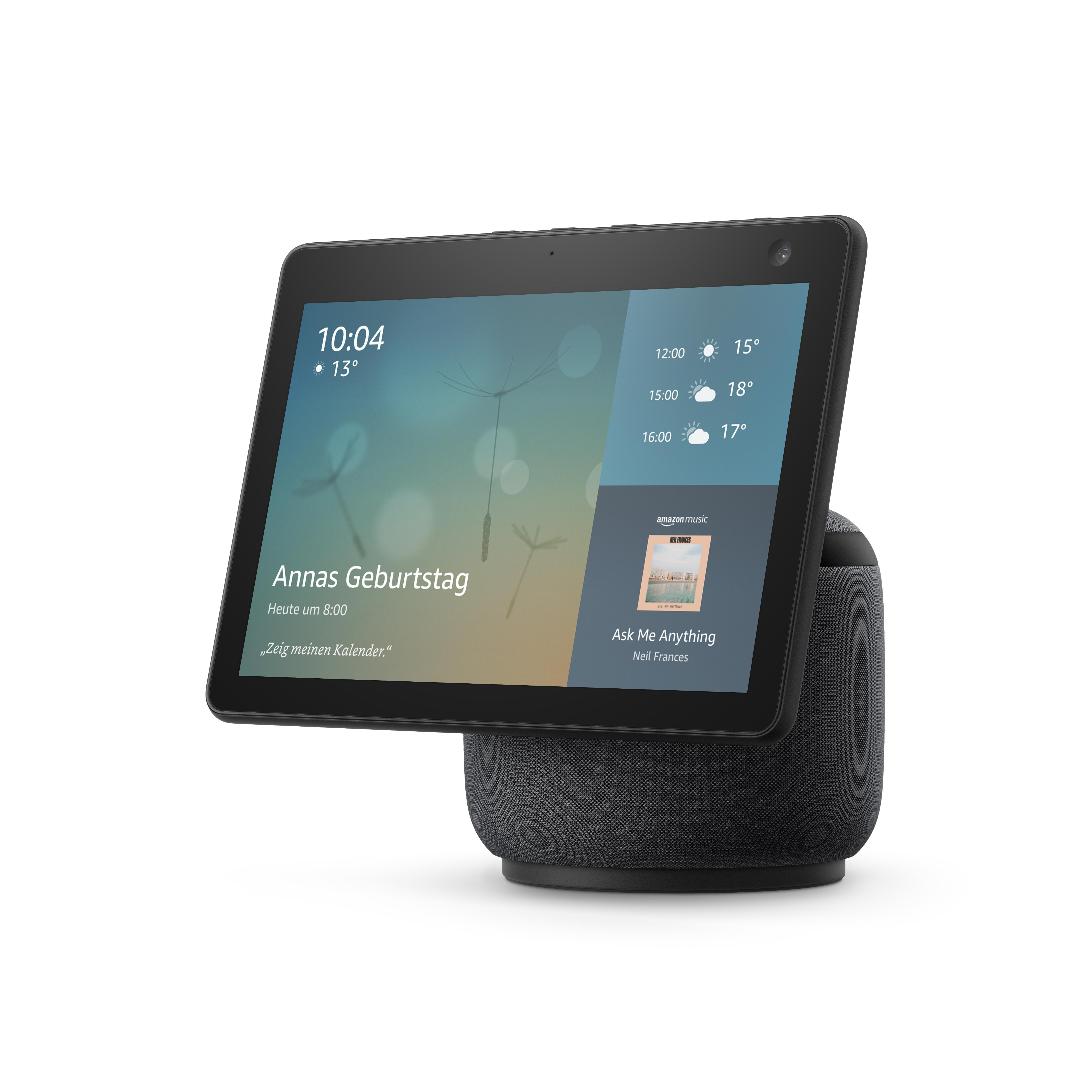 Schwarzes Smart-Display-Gerät auf einem Sockel, zeigt einen Startbildschirm mit Infos.