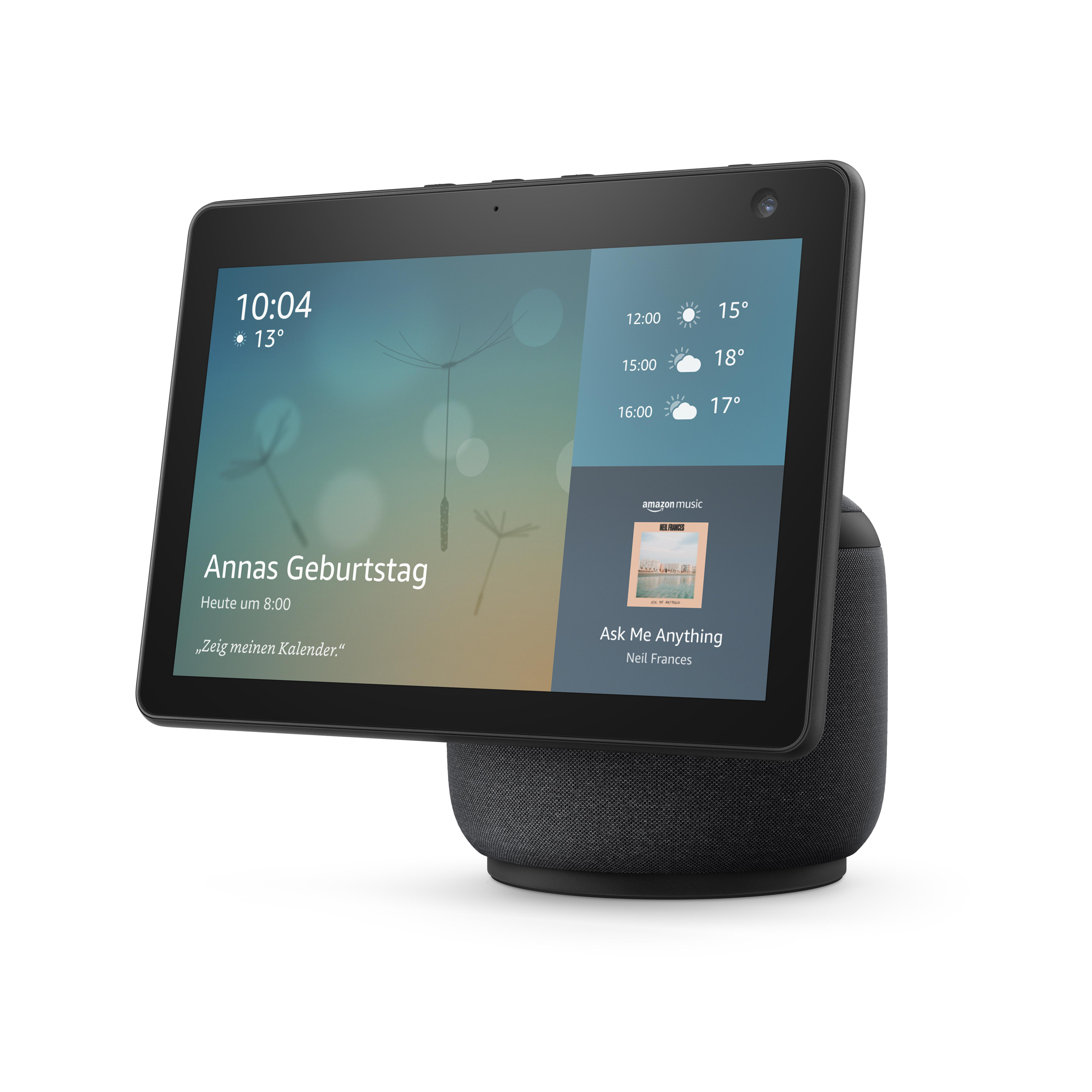 Schwarzes Smart Display mit Startbildschirm, schwarze Basis.