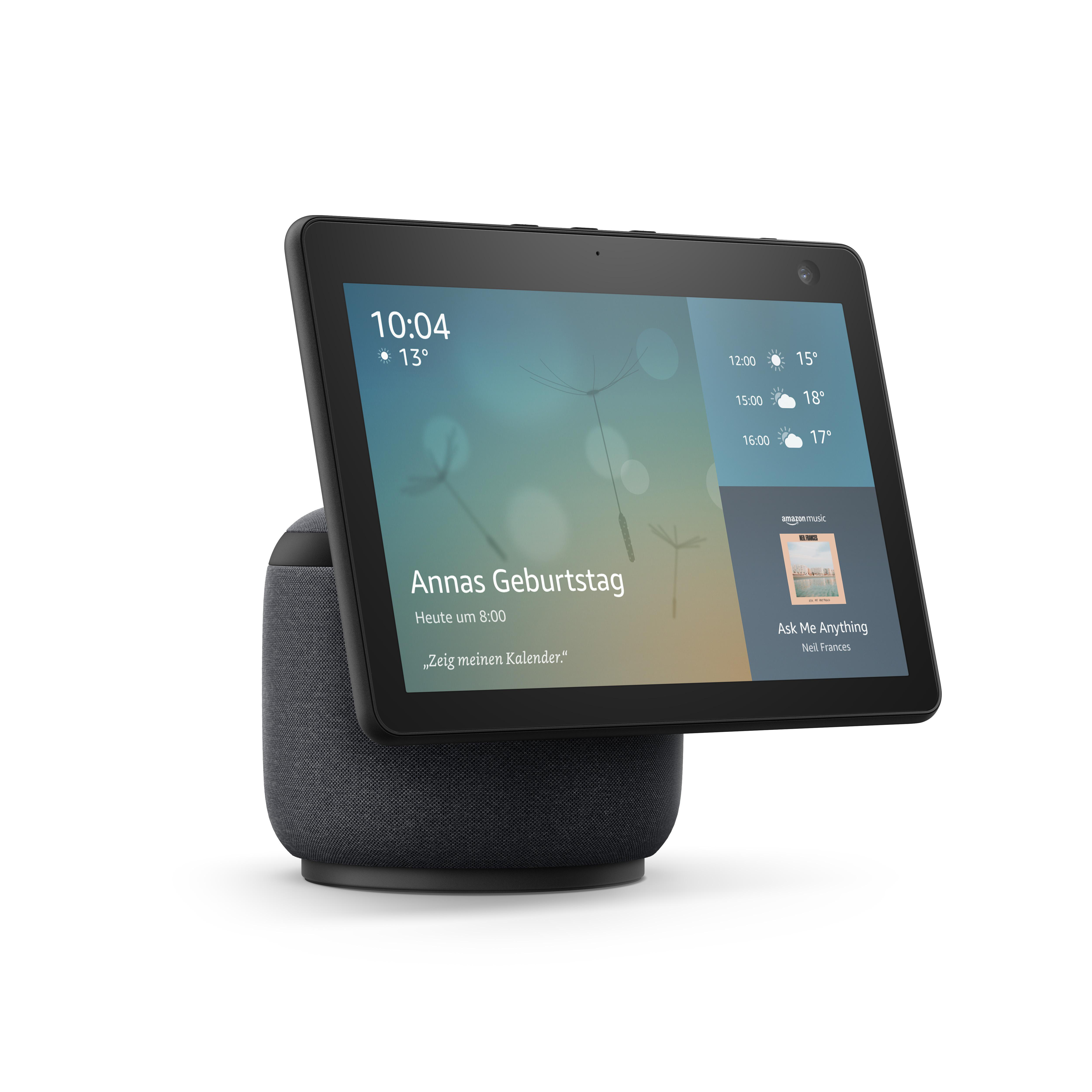 Ein Amazon Echo Show Smart Display, das ein Kalenderereignis und eine Musik-Playlist anzeigt.