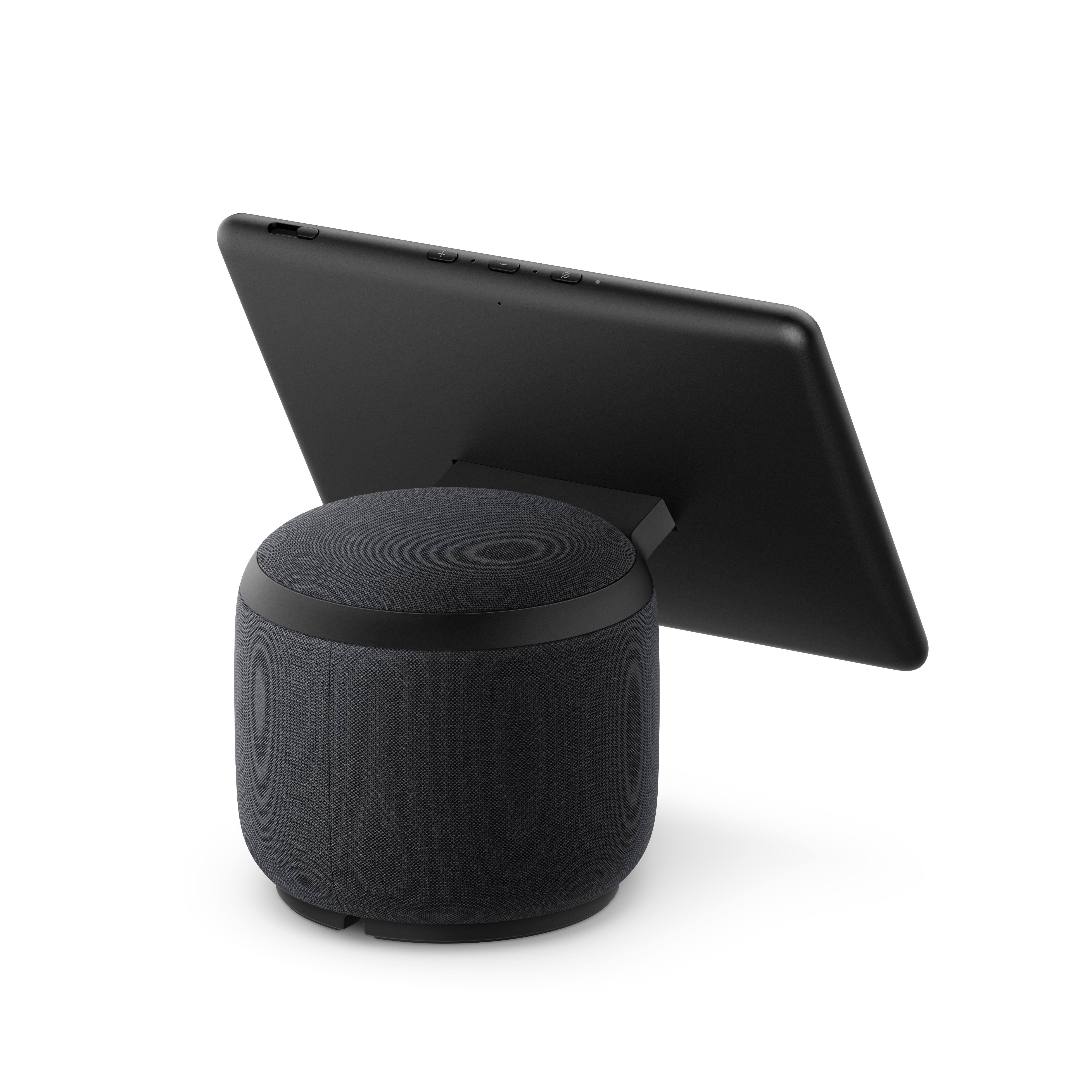 Schwarzes Amazon Echo Show Gerät mit einem tabletartigen Bildschirm und Stoffsockel.