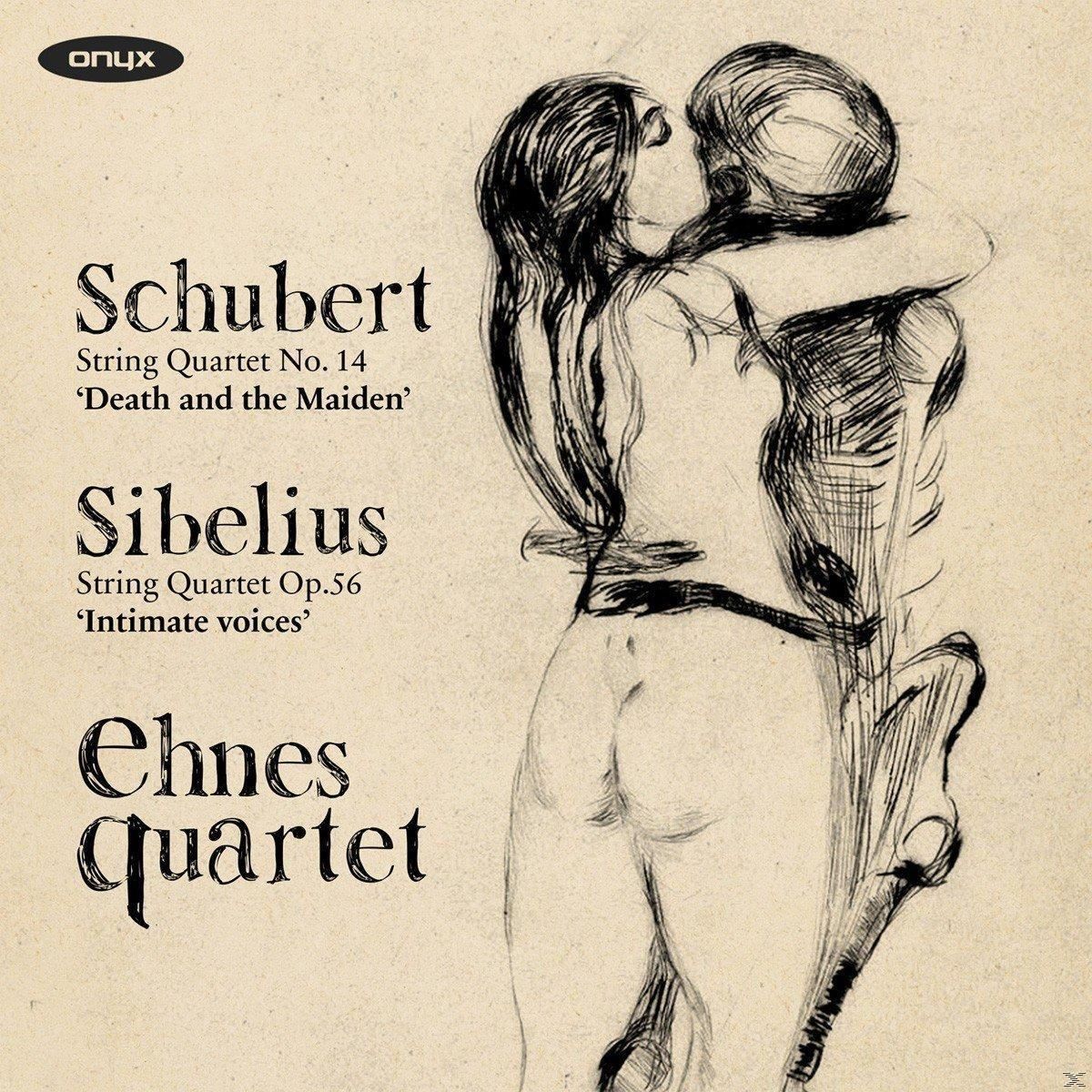 Albumcover mit Skizze eines sich umarmenden Paares, Noten und Text über Schubert und Sibelius.
