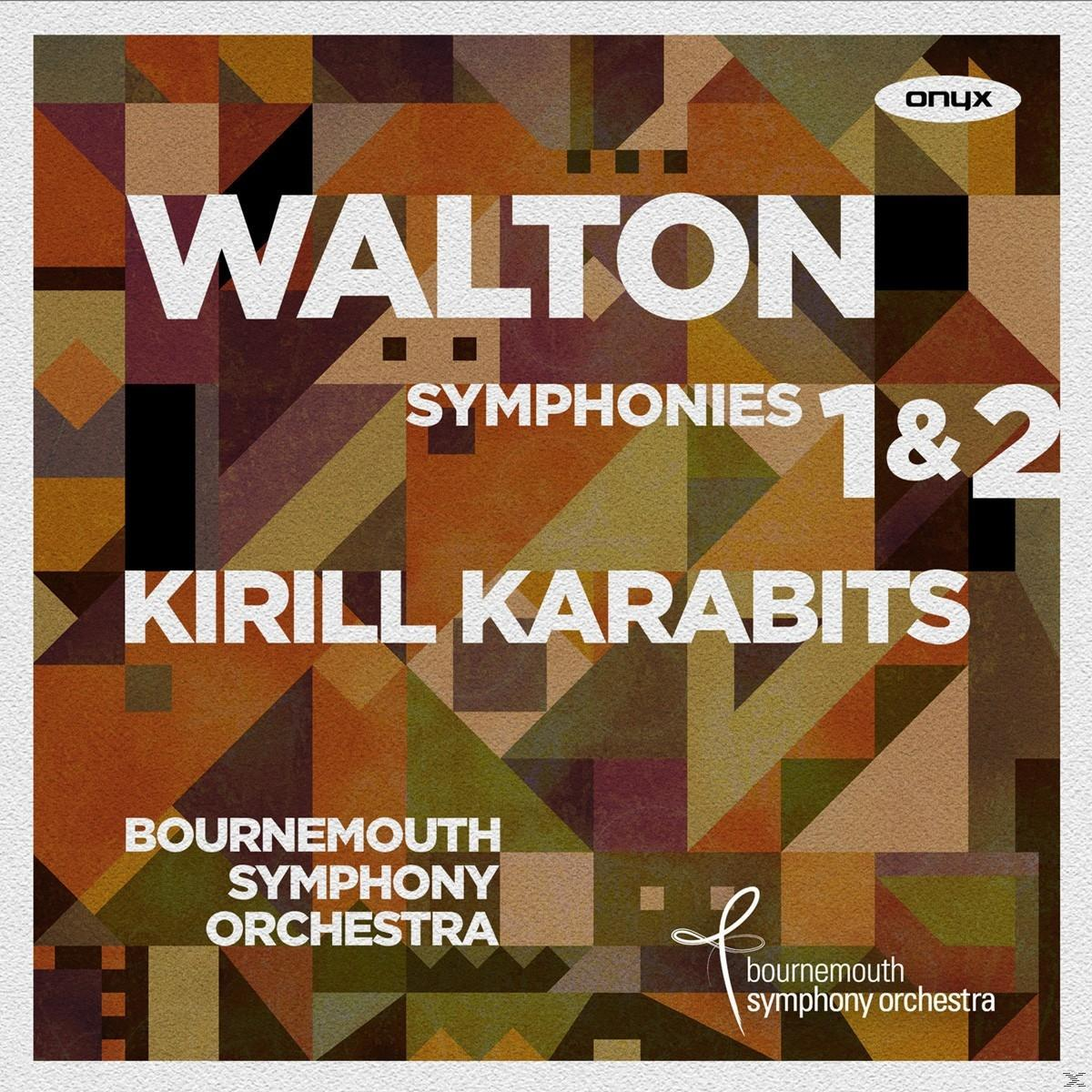 Albumcover mit geometrischen Formen und Text: Walton Symphonien 1&2, Kirill Karabits.