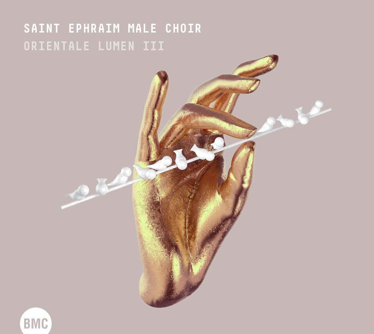 Arany kéz, fehér bottal, fehér madarakkal, szöveg: Saint Ephraim Male Choir.