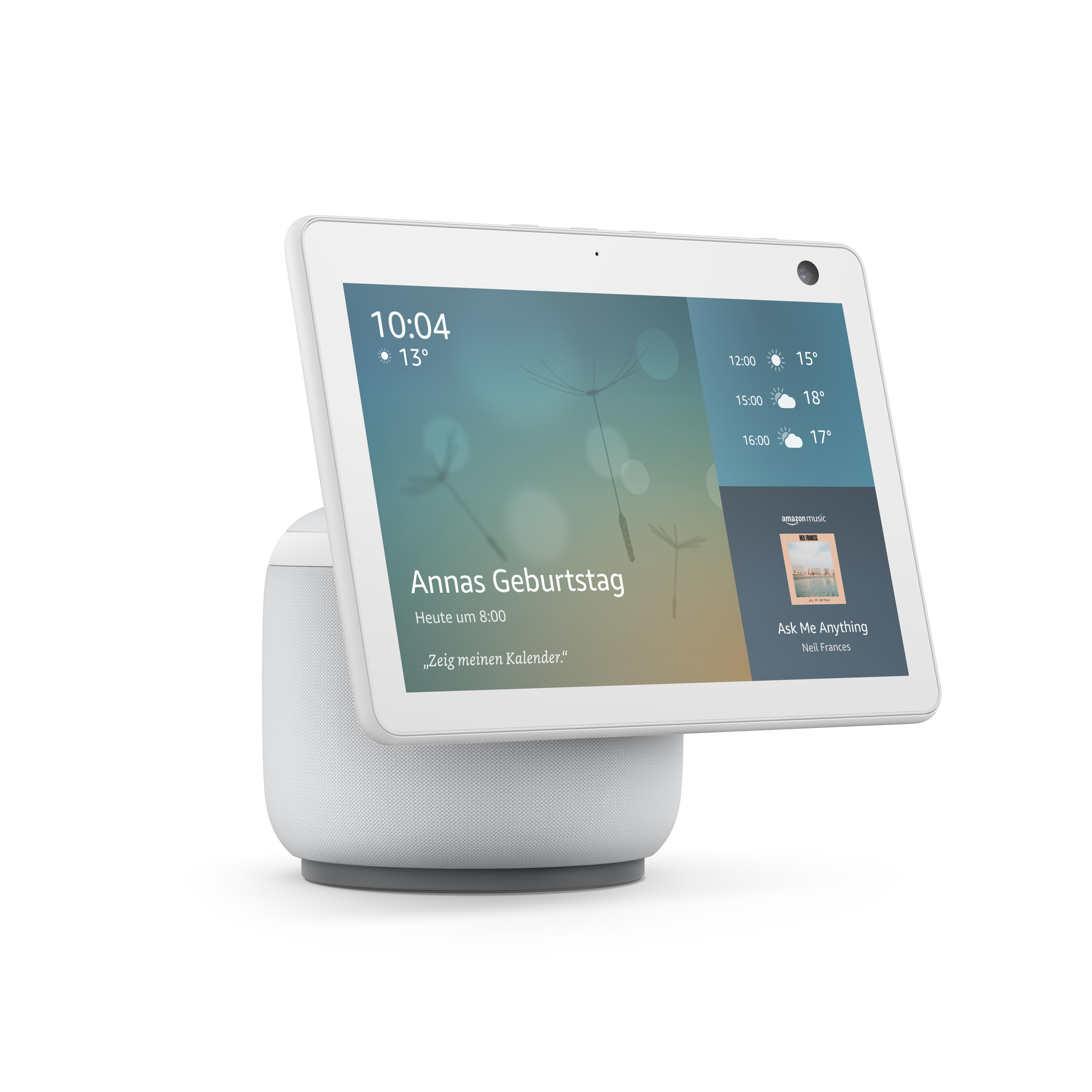 Smart Display mit Bildschirm, der einen Kalender, Uhrzeit, Temperatur und Wetterinformationen anzeigt.