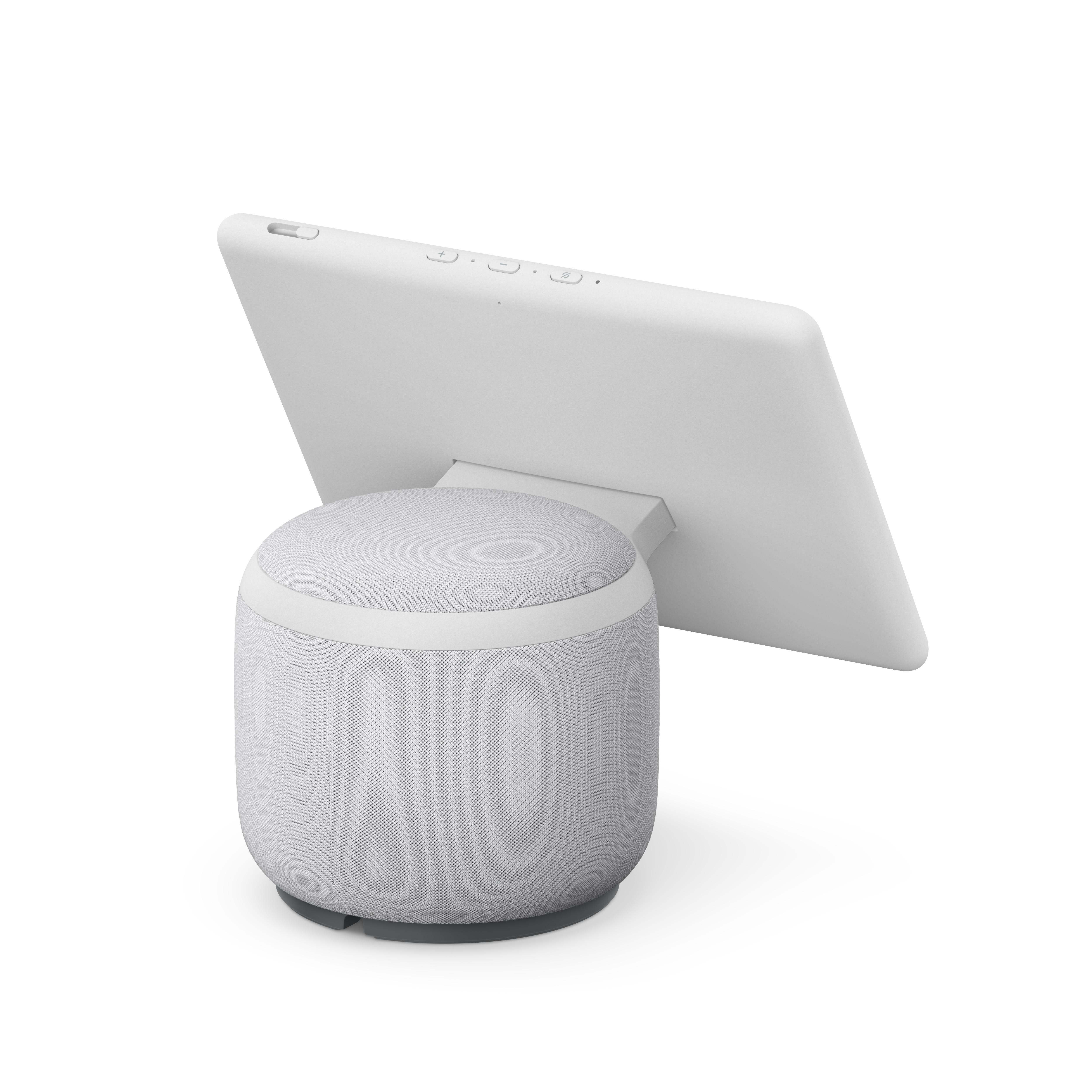Weißer Smart Speaker mit weißem Bildschirm, nach hinten abgewinkelt. Der Lautsprecherfuß ist zylindrisch.