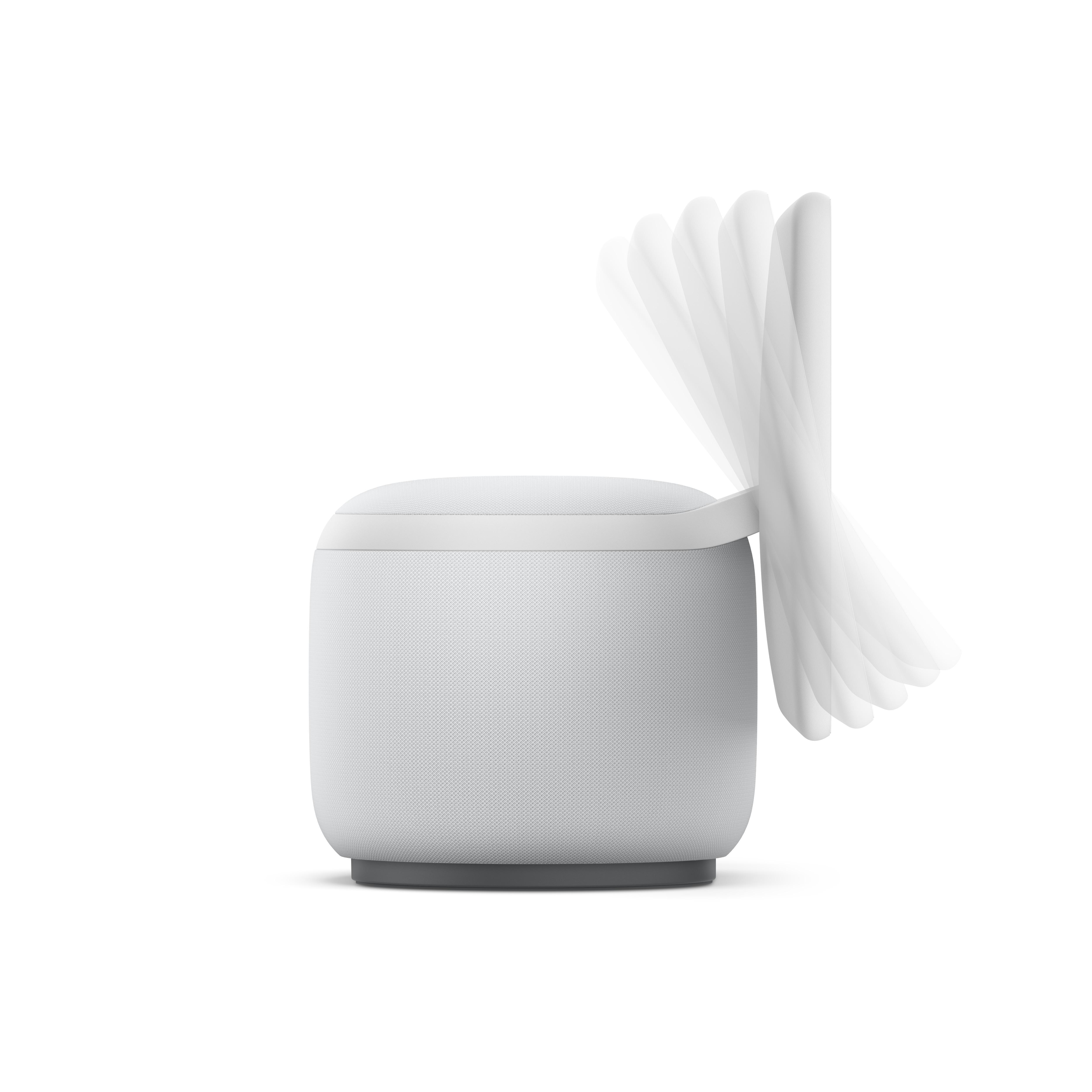 Ein weißer Smart Speaker mit einem rotierenden Arm.