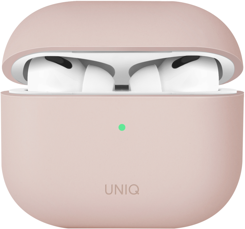 Étui AirPods Pro rose clair, ouvert, montrant des écouteurs blancs et une lumière verte.