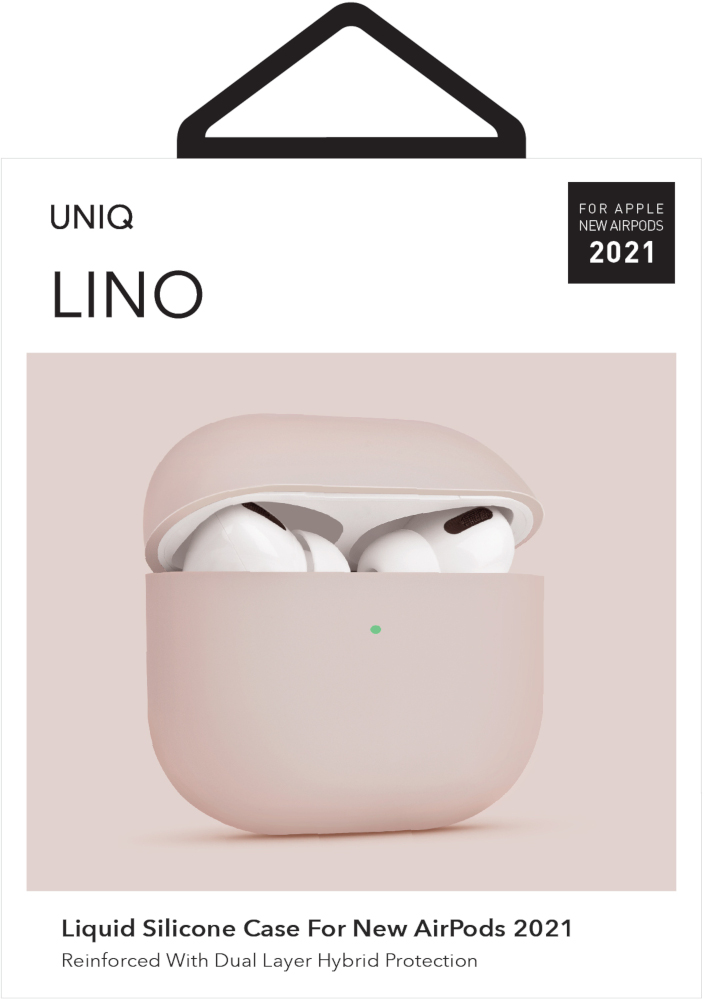 Étui rose Uniq Lino pour AirPods sur fond blanc. L'étui est ouvert, montrant les AirPods.