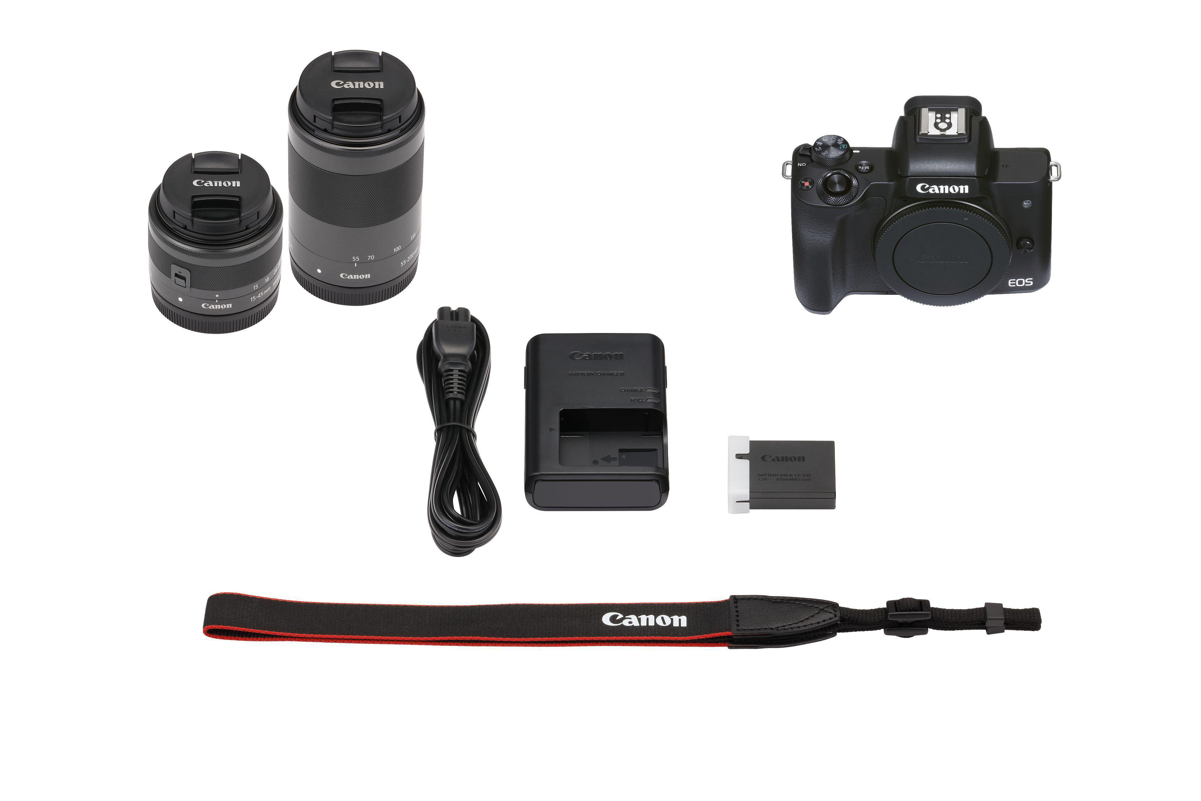 CANON Canon EOS M50 MK II Kit Systemkamera mit Objektiv 15-45 mm + 55-200 mm, 7,5 cm Display Touchscreen, WLAN