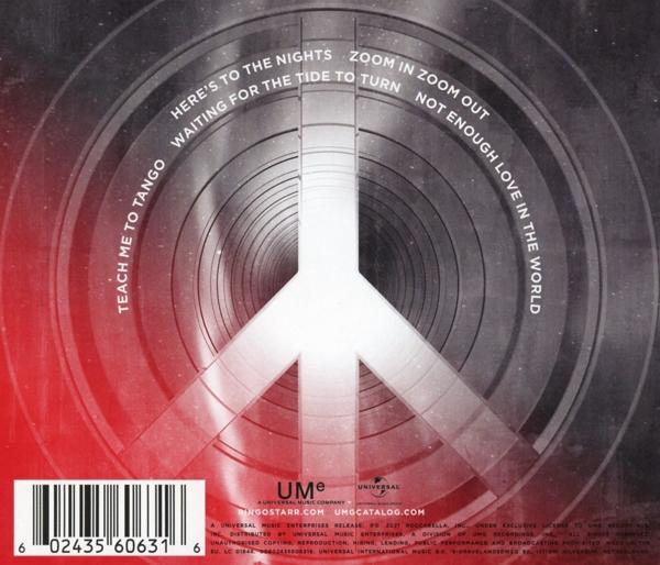 Pochette de CD avec texte. Il y a un signe de paix au milieu. Le texte est blanc sur noir et rouge.