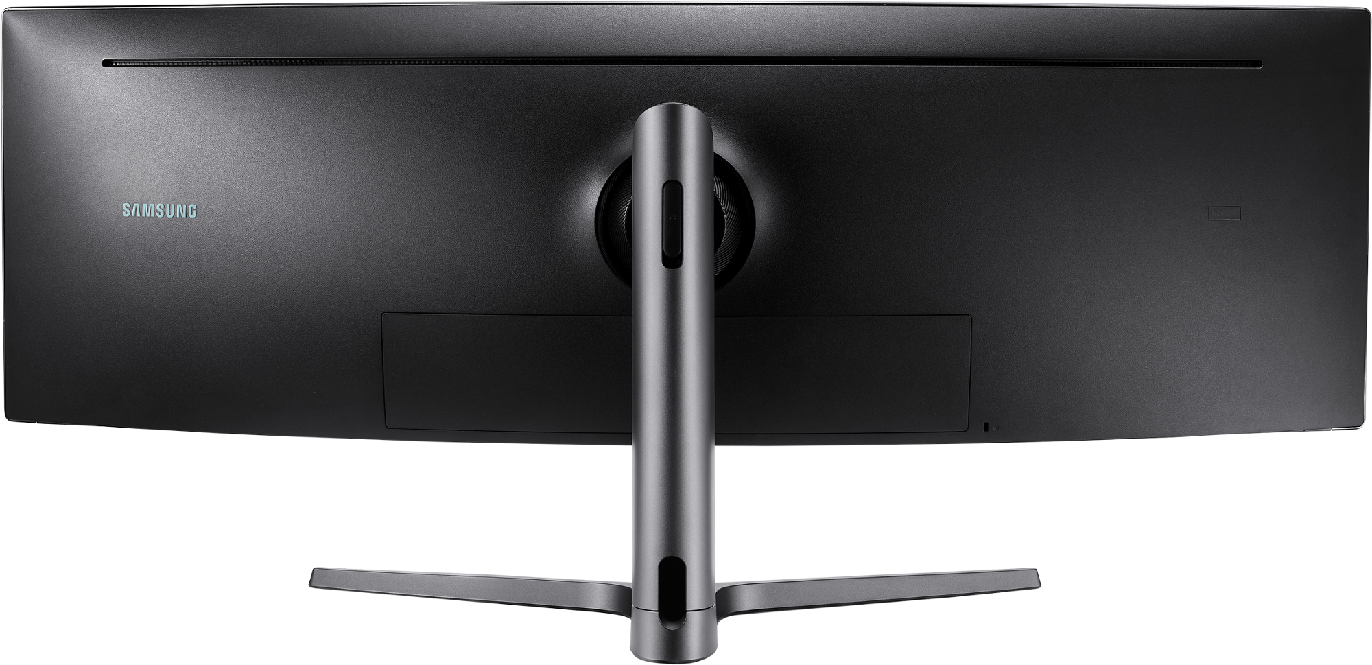 Arrière d'écran incurvé noir. Possède un support et le logo Samsung.
