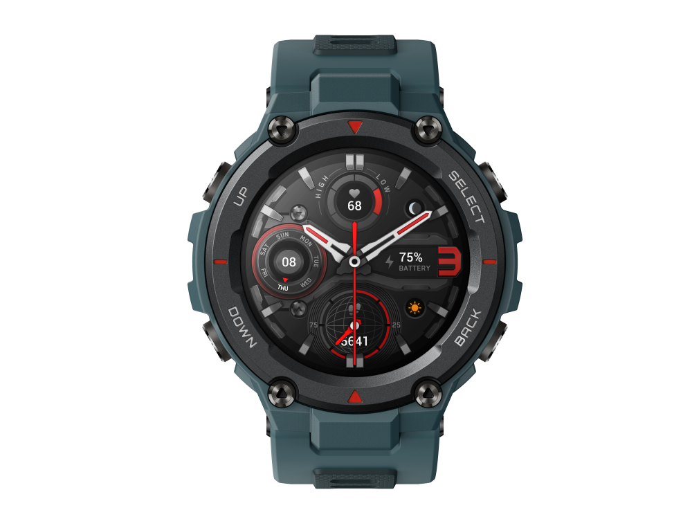Reloj inteligente con pantalla circular que muestra hora, batería y otros datos.