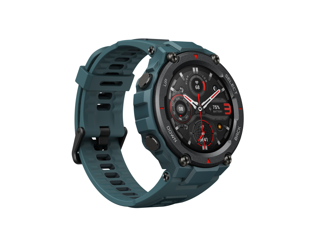 Un reloj inteligente verde azulado con bisel negro, botones y una correa verde.