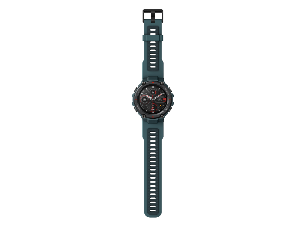 Smartwatch Amazfit verde y negra. Fondo oscuro, mostrando el reloj.
