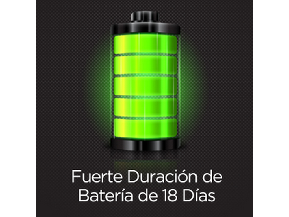 Icono de batería verde con indicador de duración de 18 días, sobre fondo oscuro.