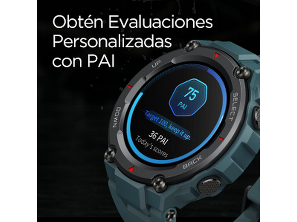 Una esfera de reloj inteligente con datos. Texto: Obtén Evaluaciones Personalizadas con PAI.