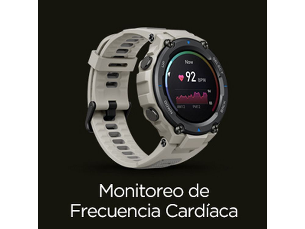 Reloj inteligente con correa gris claro. La pantalla muestra datos de frecuencia cardíaca.
